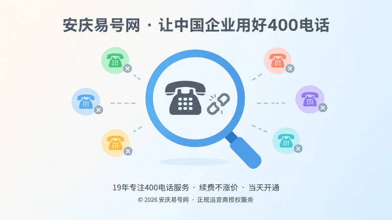 放大镜聚焦失效座机、周围散落多个小电话图标的扁平插画
